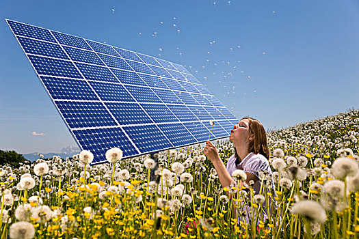 女孩,土地,太阳能电池板