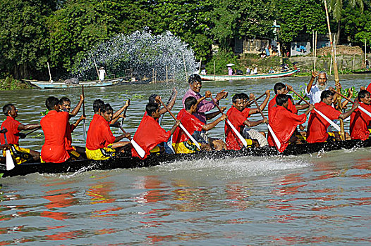 竞争者,划船,船,比赛,河,旁侧,达卡,赛船,流行,乡村,孟加拉,局部,文化,节日,条理