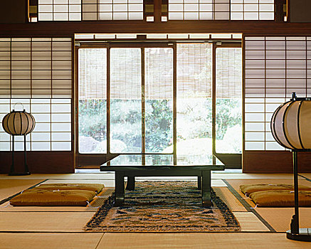 日式,餐桌,垫子,房间,东方,灯,日本纸,百叶窗