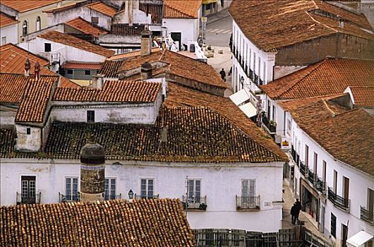 葡萄牙,风景,屋顶,阿拉伯,安静,宁和,城镇,围绕,橡树,橄榄树,狭窄,街道,低,刷白,房子,烟囱