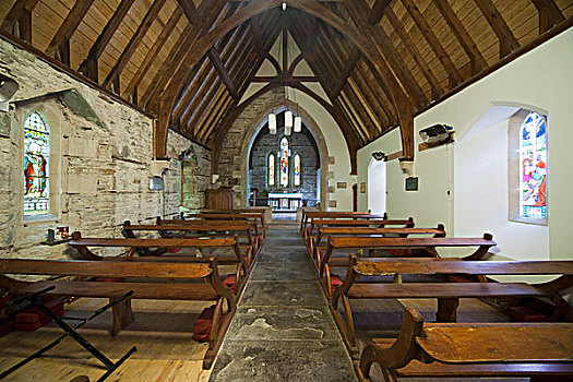 长木凳,彩色玻璃窗,室内,教堂,苏格兰