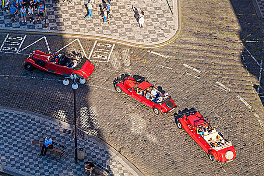 布拉格,城市,旅游,私人司机,三个,红色,老爷车,街景,俯视