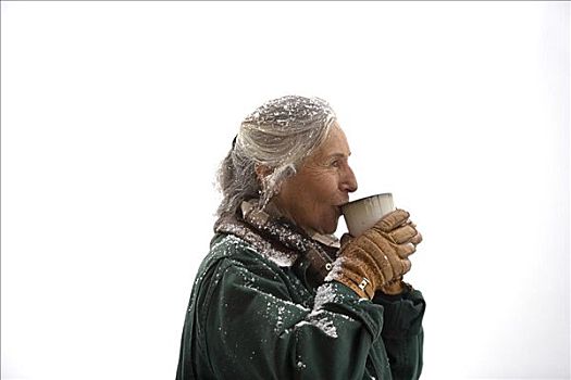 老年,女人,喝,咖啡杯