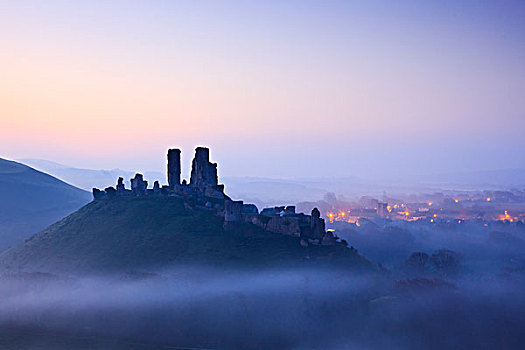 英格兰,城堡,约会,背影,11世纪,黎明前,薄雾