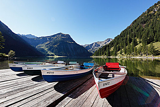 划船,船,湖,山峦,高,山谷,提洛尔,奥地利,欧洲