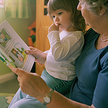 祖母,读,书本,孙女,坐