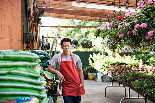 男青年,职员,红色,围裙,倚靠,包,堆肥,花卉商店,照料