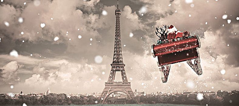 合成效果,图像,圣诞老人,飞,雪撬,巴黎,阴天