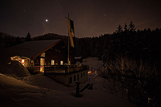 小屋,冬天,夜晚,兰格丽斯,巴伐利亚,德国