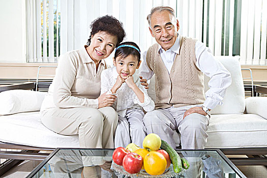 祖父母,孙,坐,沙发,中国,亚洲