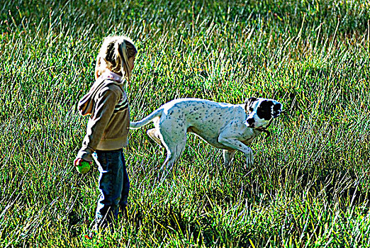 小女孩,狗,草地