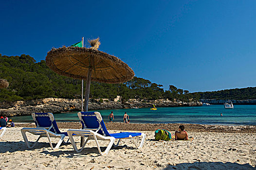 折叠躺椅,海滩,马略卡岛,巴利阿里群岛,西班牙,欧洲