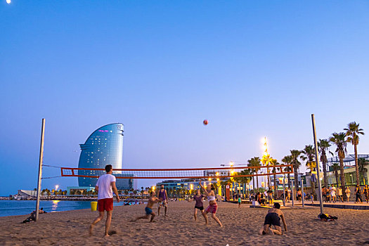 海滩,小巴塞罗那,人,玩,沙滩排球,巴塞罗那,加泰罗尼亚,西班牙