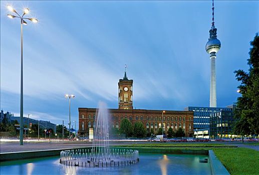 喷泉,正面,红色,市政厅,电视塔,柏林,德国,欧洲