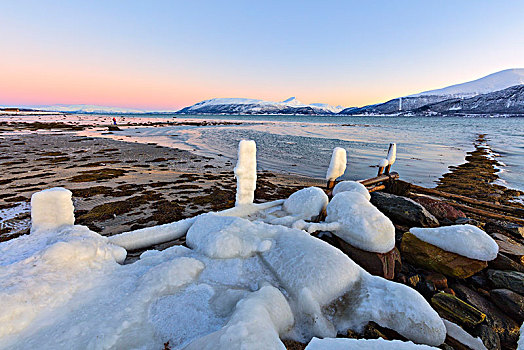 栅栏,遮盖,雪,海滩,特罗姆斯,挪威