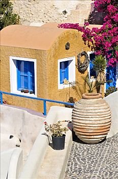 内院,黄色,房子,粘土,花瓶,特色,建筑风格,锡拉岛,基克拉迪群岛,希腊,欧洲