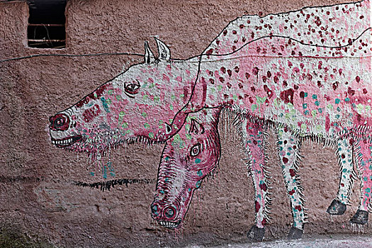 两个,粉色,马,壁画,历史,中心,巴勒莫,省,西西里,意大利,欧洲