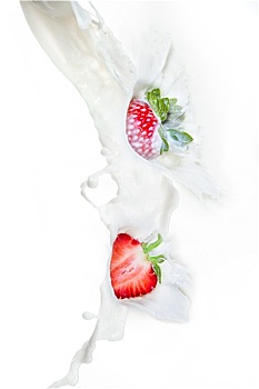 草莓,落下,牛奶,溅,特写,白色背景,背景