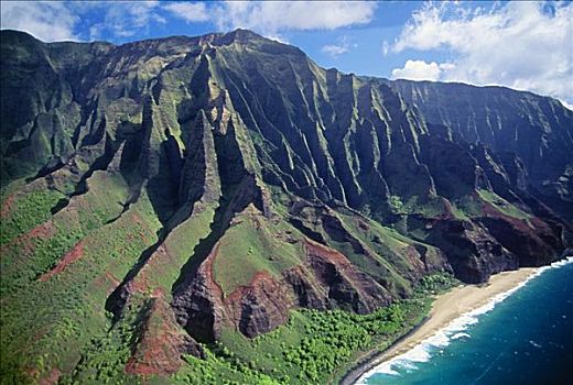 夏威夷,考艾岛,纳帕利海岸,俯视,悬崖,山峦,齿状,隔绝,海滩