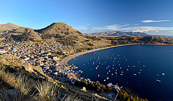 风景,科帕卡巴纳,湾,耶稣受难像,提提卡卡湖,玻利维亚,南美