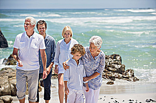 后代,家庭,走,一起,海滩