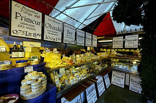奶酪,葡萄酒,货摊,维克托阿灵广场集市,慕尼黑,上巴伐利亚,巴伐利亚,德国
