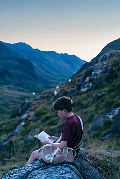 男孩,读,书本,山顶,雪墩山,格温内思郡,英国