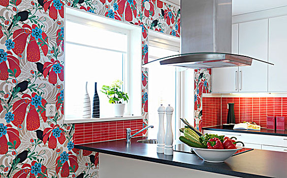 合适,厨房,红色,砖瓦,彩色,壁纸