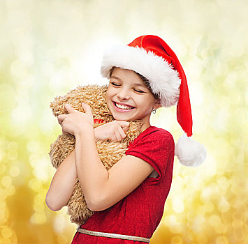圣诞节,圣诞,冬天,高兴,概念,微笑,女孩,圣诞老人,帽子,泰迪熊