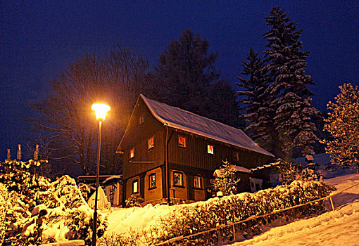 冬天,夜晚,半木结构,房子,传统,独特,历史,建筑,输入,齐陶,山峦,萨克森,德国,欧洲
