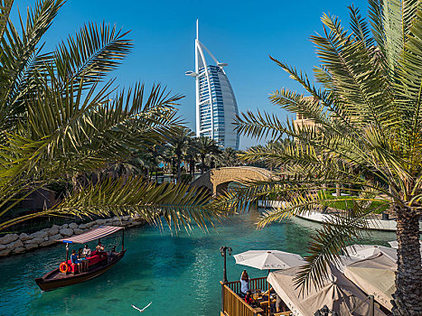 帆船酒店,叶状体,棕榈树,船,过去,水,露天市场,迪拜