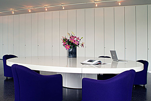 椭圆,会议,桌子,笔记本电脑,椅子,现代,设计,正面,白色,办公室,墙壁