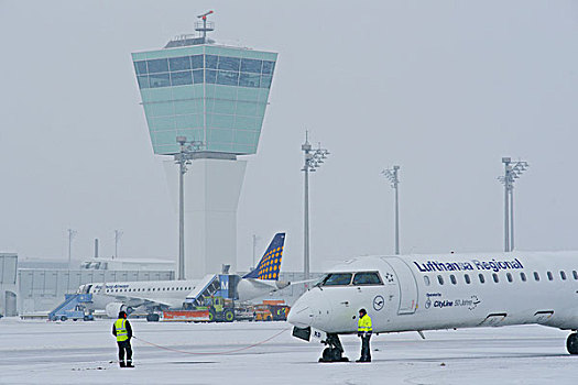 雪,冬天,准备,汉莎航空公司,飞机,控制塔,东方,围裙,慕尼黑机场,巴伐利亚,德国,欧洲