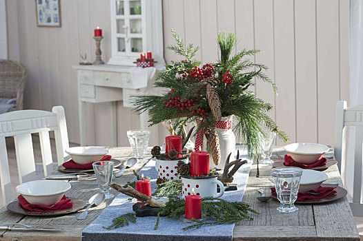 圣诞桌,装饰,花束,冬青属,松属