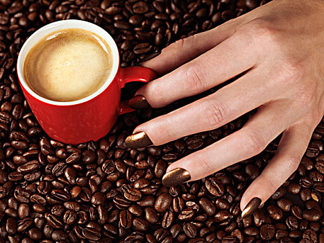 握着,一杯咖啡,咖啡豆,相配,褐色,指甲油