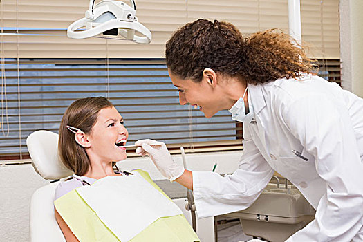 儿科,牙医,检查,小,女孩,牙齿,椅子