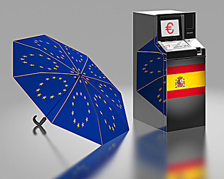 自动柜员机,西班牙,旗帜,旁侧,伞,星,欧盟,象征,图像,欧元,救助,包装,插画