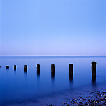 平和,蓝色,海洋,空,天空,黃昏,老,柱子,高处,水,海滩,英格兰,英国