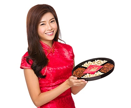 亚洲女性,拿着,餐食,托盘,月亮,新年