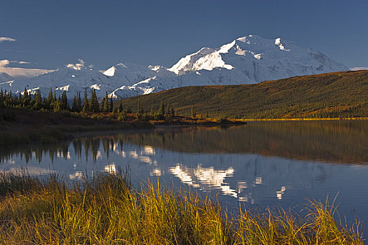 景色,山,麦金利山,旺湖,德纳里峰国家公园,室内,阿拉斯加,秋天