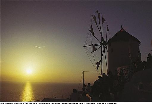 风车,日落,夜光,锡拉岛,希腊,欧洲,岛屿