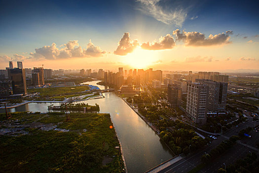 鄞州,东部新城,宁波东部新城,日落,夕阳,大楼,建筑,河,天空,霞光