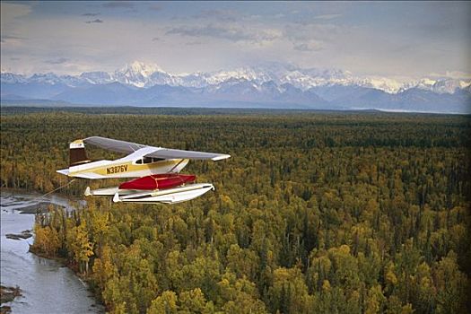 水上飞机,独木舟,飞跃,河,阿拉斯加山脉