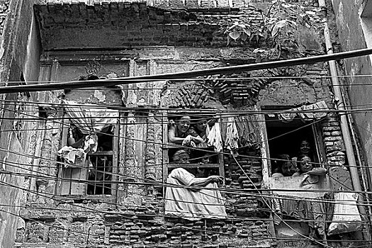 女人,俯视,荒废,建筑,老,达卡,孟加拉