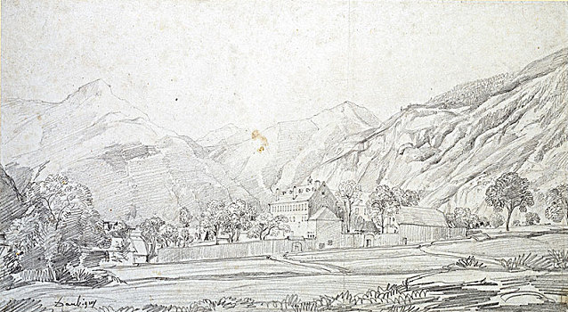 风景,建筑,围挡,山,背景,19世纪,艺术家