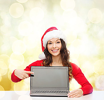圣诞节,圣诞,电子产品,小物件,概念,微笑,女人,圣诞老人,帽子,留白,显示屏,笔记本电脑