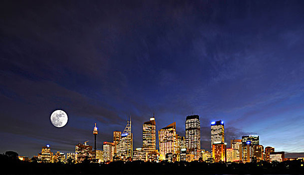 悉尼,天际线,满,月亮,电视塔,中央商务区,夜晚,新南威尔士,澳大利亚