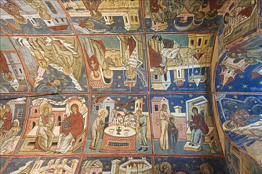 室内,壁画,圣母升天大教堂,世界遗产,幽默,南方,摩尔多瓦,罗马尼亚,欧洲