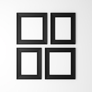 四个,留白,黑色,照片,框,白色背景,墙壁