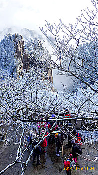 黄山,雪景,冰挂,游人,雾,岩石